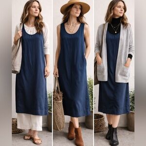 Jigsaw Womenโs XS Navy Sleeveless Midi Dress Rayon Minimalist Quiet Luxury Boho